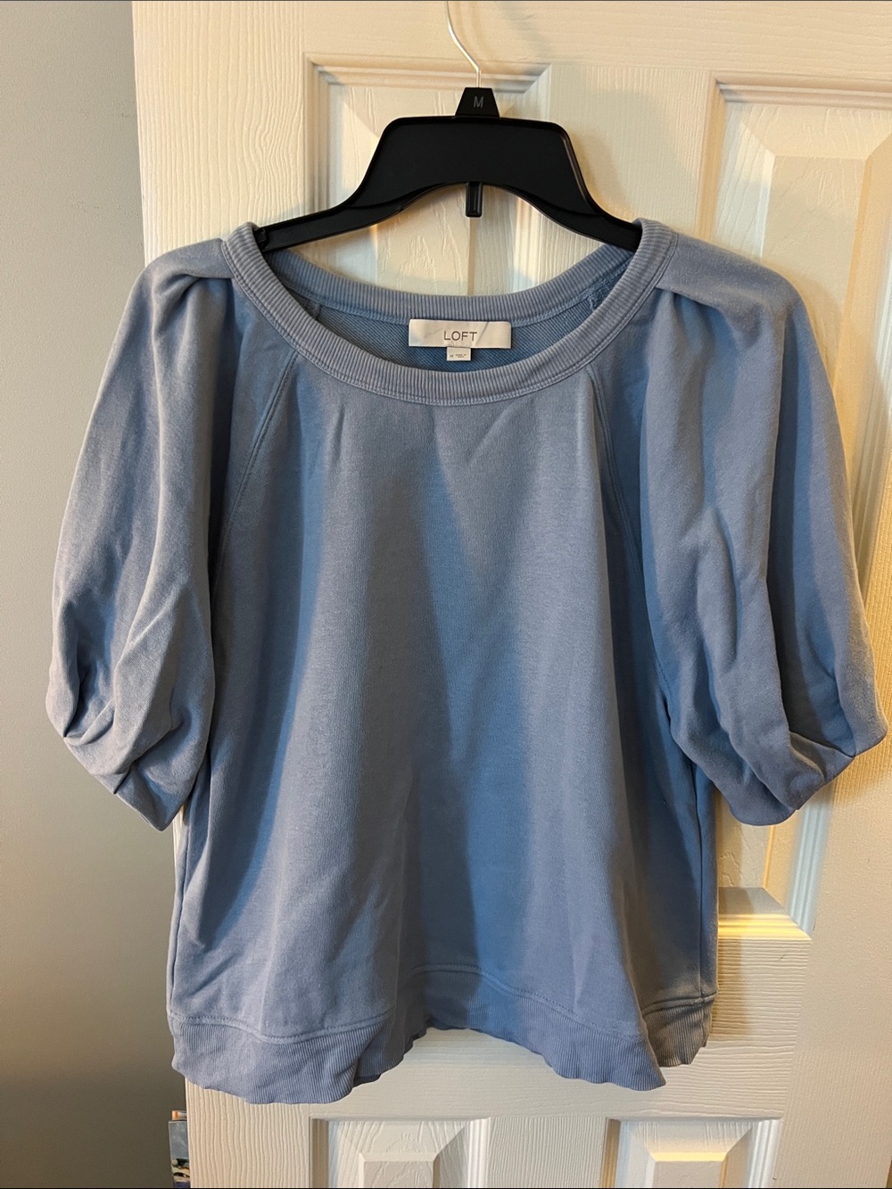 LOFT Light Blue Puff-Sleeve Sweatshirt; Size Medium